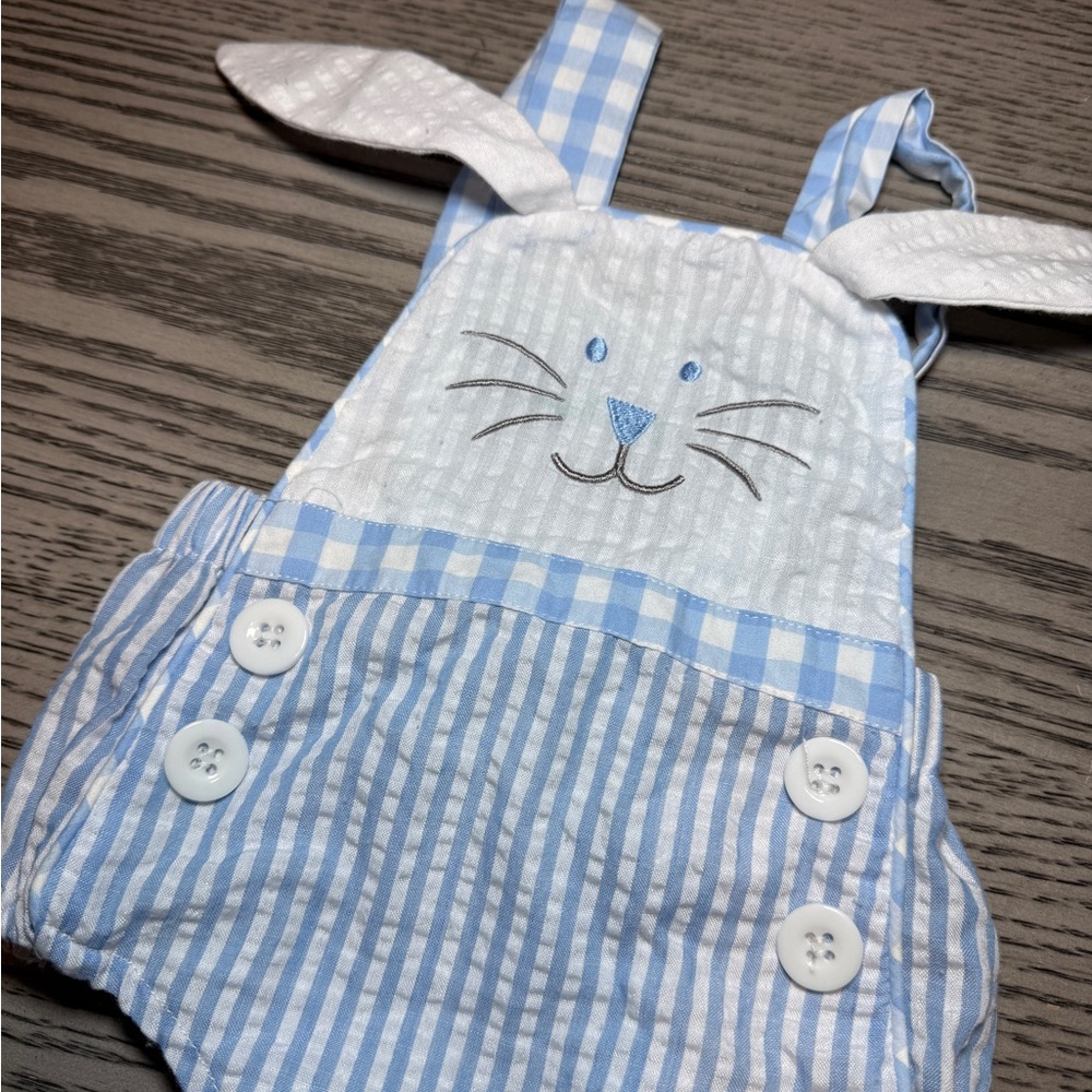 Blue and White Bunny Overalls